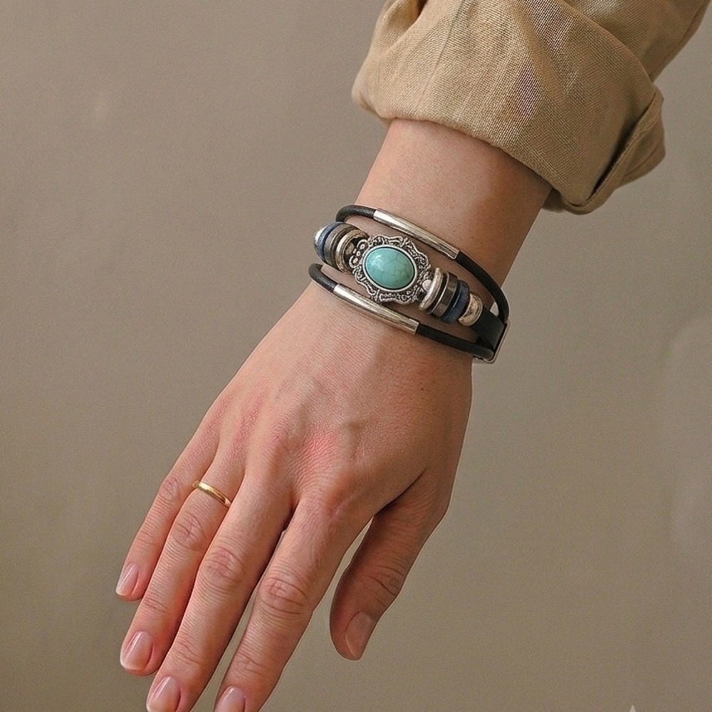Layered Real Leather Beaded Bracelet Black Turquoise Boho Western Cowgirl Rodeo